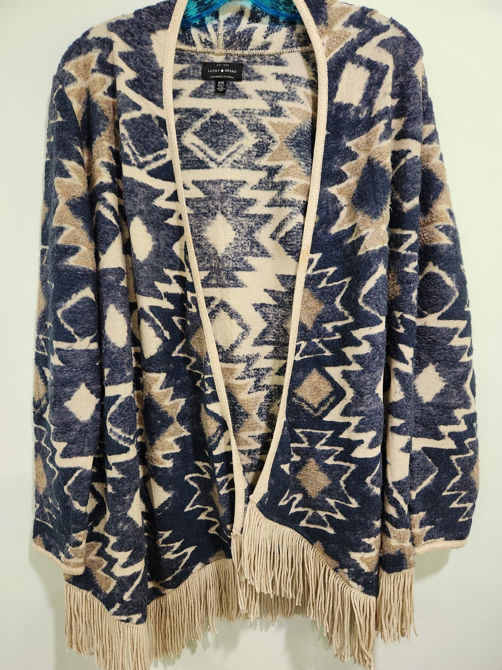 Lucky Brand Navy, Cream & Tan Geometric Fringe Open Cardigan
